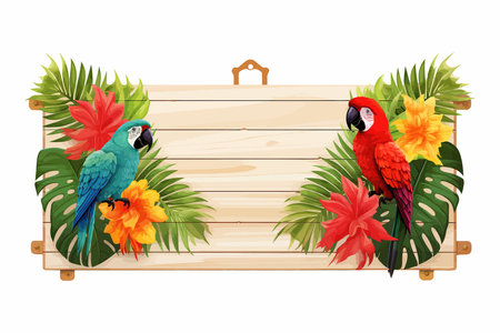 Realistic tropical wooden board sign with exotic leaves, hibiscus and strelizia reginae bird of...