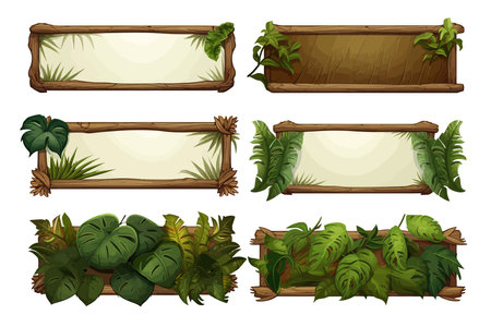 Set game wooden boards and branches liana and tropical leaves Cartoon set of wooden panels, wooden boards and direction signs with plants in forest isolated on white backgroundのイラスト素材