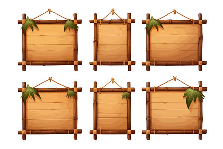Wooden bamboo sign board frame game ui vector set. Cartoon set of wooden panels, wooden boards and direction signs with plants in forest isolated on white backgroundのイラスト素材