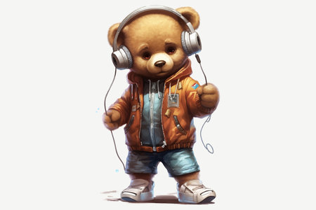 Cute bear in headphone . Cool bear toy for postcards, posters and prints design . Fashion slogan and...