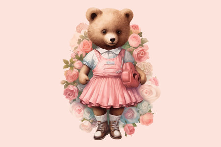 Cute teddy bear in flowers. Cool bear toy for postcards, posters and prints design . Fashion slogan...