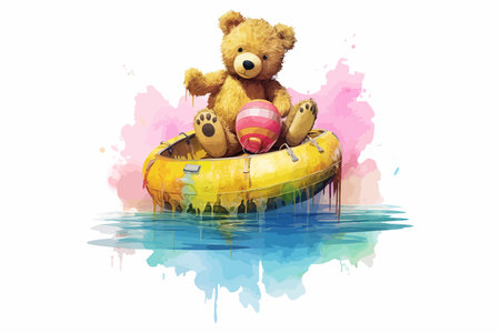 Cute bear having fun on the water slide and with an inflatable ring. Cool bear toy for postcards, posters and prints design . Fashion slogan and style.のイラスト素材