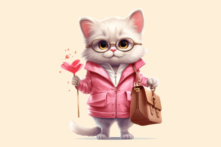 Pink cartoon kitten with glasses and with a pink handbag. Vector illustrationのイラスト素材