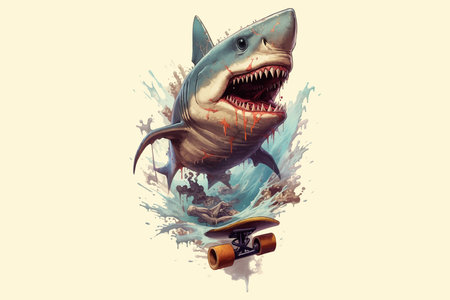 Skateboarding with sharks, styled graphic design elements. Vector illustrationのイラスト素材