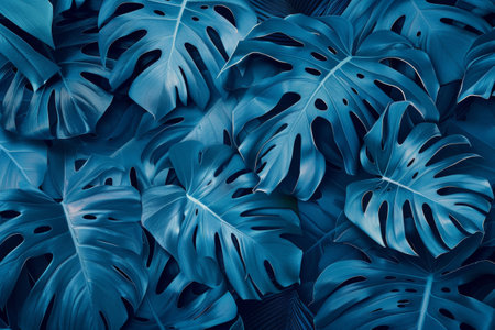 Tropical leaves wallpaper background. Monstera leaves and palm leaves in minimalist gradient blue color style. Design for fabric, print, cover, banner, decoration.の素材