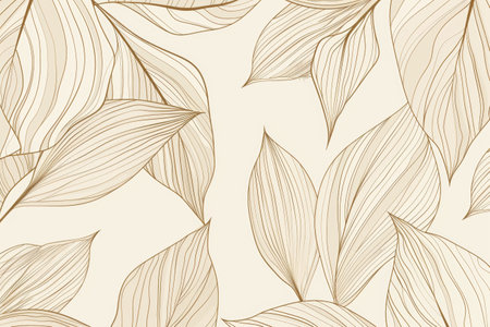 A botanical leaf line art background design in a simple linear contour style for printing on fabrics, covers, banners, and wallpaper.の素材