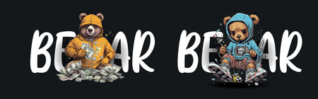 Cartoon Bears in Modern Lifestyle: A Cash-Loaded Bear and a Gaming Enthusiast Bear