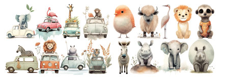 Whimsical Parade of Adorable Animals Riding Vintage Cars, Illustrating Unity in Diversity and Loveのイラスト素材