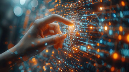 Data-driven concept. Digital neural network. Business woman holding artificial intelligence. Cyberspace of the future. Innovation in technology and science.の素材