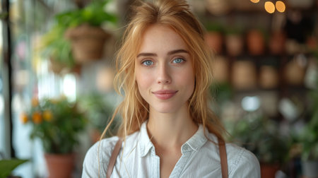 An attractive young business woman wearing a shirt and using her laptop in a modern workplaceの素材