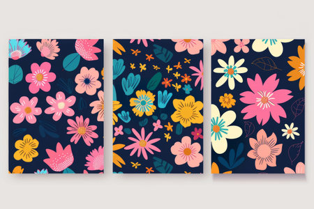 Decorative geometric seamless patterns featuring vintage groovy daisies. Ideal for textiles, stationery, wrapping paper, and covers. 60s, 70s, 80s style.の素材