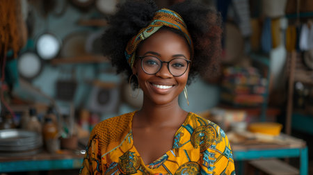 An entrepreneur in the fashion industry, a black woman with a business vision, smiling and full of joy.の素材