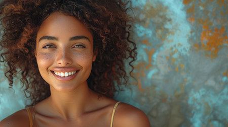 The face of a young woman with a beautiful smile is framed by a gray wall with copy space. Successful multiethnic girl. Latin woman looking at camera against gray wall with whitening teeth.の素材