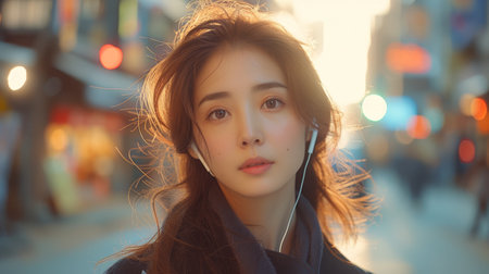 A business woman looking sideways while waiting for a cab in the morning. A young woman listening to music with earphones wearing earbuds in the city. This photograph uses the grain of 35mm filmの素材