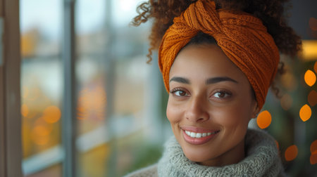 Middle-aged African American woman with orange headscarf watching television at home laughing. Mature woman with traditional turban looking away smiling.の素材