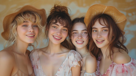Creating diversity and beauty with a group of female friends in a studio on a beige background to promote skincare. Portrait, face, and smile of a happy female group inside for luxury cosmetics.の素材