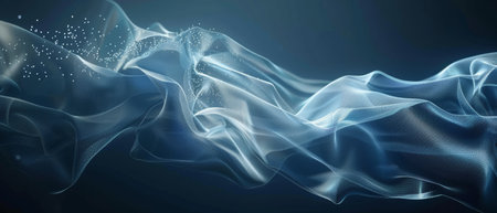 For design on cyberspace, big data, metaverse, network security, data transfer on a dark blue abstract cyberspace background, this abstract wave shape is featured on a low-polygonal triangularの素材