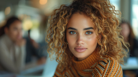 In the background, colleagues work at a busy marketing agency. A gorgeous Middle Eastern manager sits at a desk working in the creative department. A young stylish female with curly hair uses herの素材