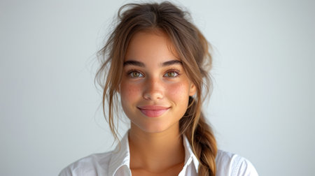 Isolated on a white background is a cheerful brunette business woman student in a white button-up shirt, smiling confidently and cheerfully with arms folded.の素材
