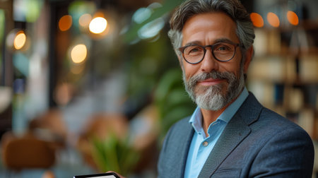 Smiling young businessman professional executive manager using digital tablet in a modern office. Happy young businessman professional executive manager using digital tablet in a modern office.の素材
