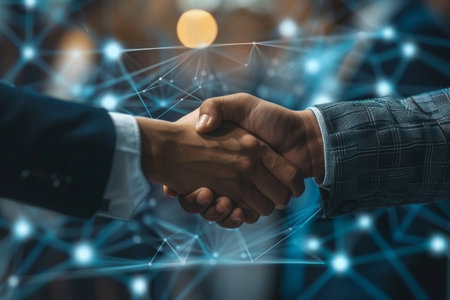 Business network concept. Group of people. Shaking hands. Customer service. Human relationship. Business success. Management strategy.の素材