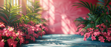 A pink gradient studio background for product presentations. An empty room with shadows of windows and flowers. A 3D room with copy space. A summer concert. A blurry background.の素材