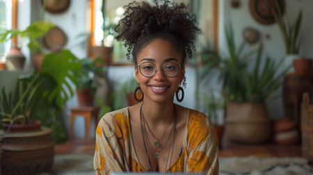 A young African American woman with a laptop sits on the floor, wearing glasses and smilingの素材
