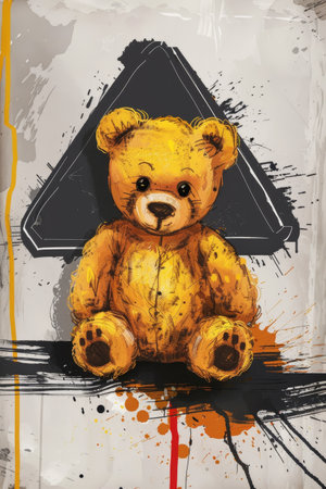 illustration with warning slogan and bear doll in black paint border.の素材
