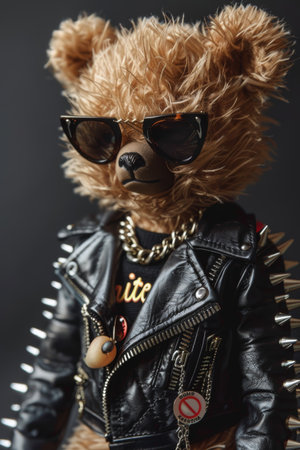 Graphic illustration of a bear doll wearing a spike leather jacket with a calligraphy slogan.の素材