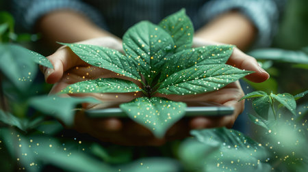 Green Leaf Arrow in blurred form as background. ESG Concepts. Environmental, Social, and Corporate Governance. Businessman using tablet. Sustainable Resources. Business growth as well as theの素材