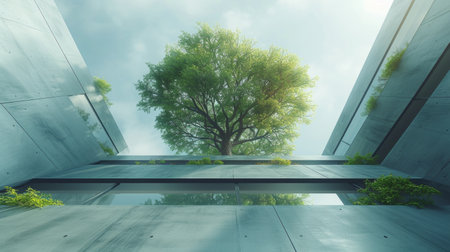 Sustainable green building with trees to reduce CO2 emissions. Green environmental office building with trees. Corporate building that reduces CO2.の素材