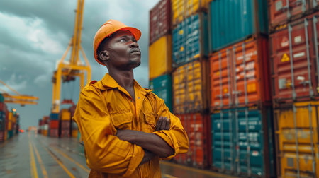 The engineer stands confidently on site in front of the container yard terminal. The warehouse employee stands confidently in front of the container logistics area.の素材