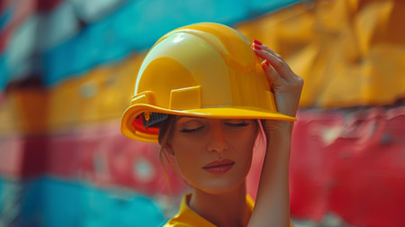 Yellow plastic helmet held by engineers hand. Labor Day concept.の素材