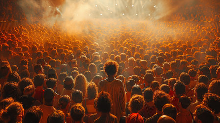 At a summer music festival, crowds gather at a concertの素材