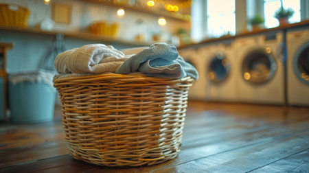 In the laundry room, there is a basket full of dirty clothes near the washing machinesの素材