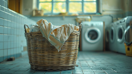 The laundry room has a basket filled with dirty clothes near the washing machinesの素材