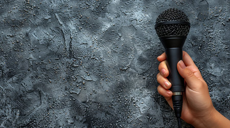 A journalists hand holds a microphone on a grey background with text spaceの素材