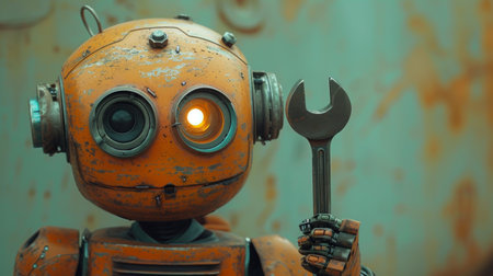 Mechanic robot with wrench on yellow paper background. The robot has a silver iron head, lamp bulb eyes, metallic spring-hands, and lamp bulbs on his eyes.の素材