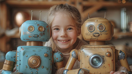 The cute girl is smiling to the camera holding her electronic robot copyspace her brother is posing with his robot on the background. The boys robot is posing with his robot on the background.の素材