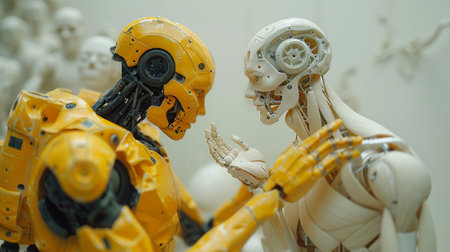 The Creation of Adam painting by Michelangelo looks like this cute, yellow, handmade robot with a human hand.の素材