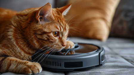 This cat rides a robot in the living room at home, sitting on a sofa with a vacuum cleaner, in the living room at home. Ginger cat touches the robot with its paw and runs after it.の素材