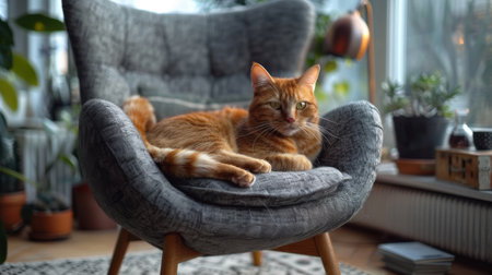 Red cat lying on grey armchair in living roomの素材