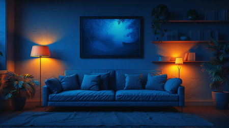 An interior shot of a dark living room with a couch, shelving units, and glowing lampsの素材