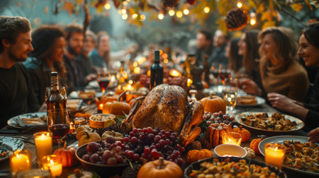 On Thanksgiving Day, a happy family enjoys dinner at a festive tableの素材