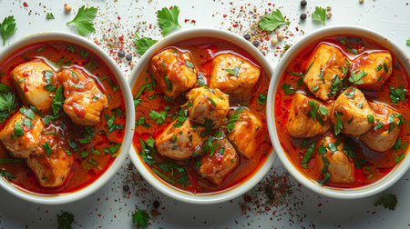 In this collage, tasty chicken curry is displayed on a white backgroundの素材