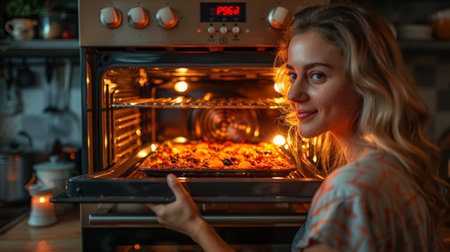 Opening an electric oven in a kitchen by a young womanの素材