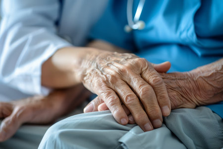 A caring nurse holds a smiling mature patients hand at a hospital meeting, a doctor caregiver within uniform comforts and supports a senior, good news about treatment, empathy and care for him.の素材