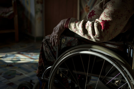 An elderly woman with a caregiver sits in a wheelchairの素材