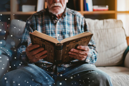 On the sofa at home, an elderly man holds a book with his caretakerの素材