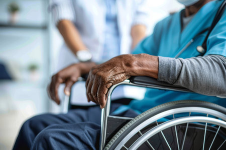 A nurse and a man in need of disability, rehabilitation, or healing receive help, support and wheelchairs. Patients receive physiotherapy, rehabilitation, and healthcare, while a black woman is caredの素材